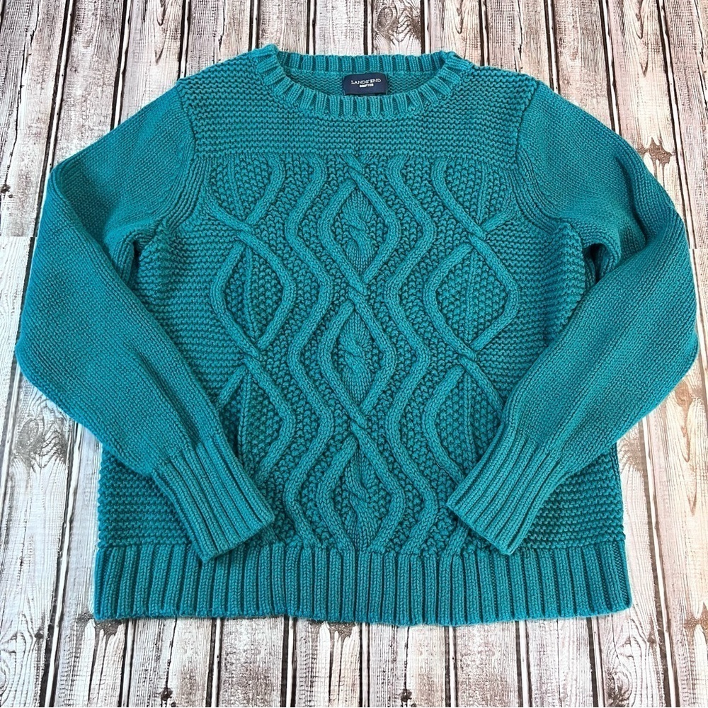 Lands End Drifter Teal Chunky Cable Knit Heavyweight Sweater size Small *